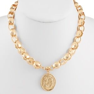 SM Link Chain & Textured Coin Pendant Necklace